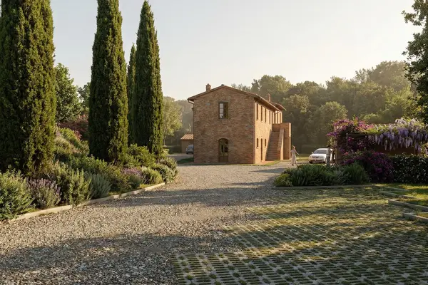 Rendering architettonico 3D di una casa in Toscana per promozione immobiliare