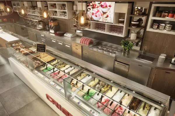 Rendering 3D di arredamento per l'interior design di una gelateria