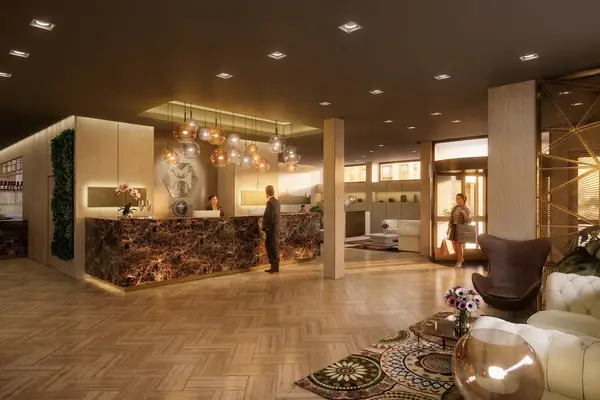 Rendering architettonico 3D per il design della lobby di un hotel