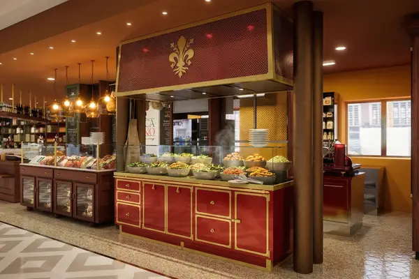 Rendering 3D di arredi su misura per l'interior design di un ristorante