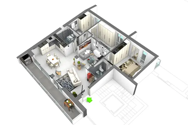 Rendering 3D di una planimetria arredata per la vendita di appartamenti