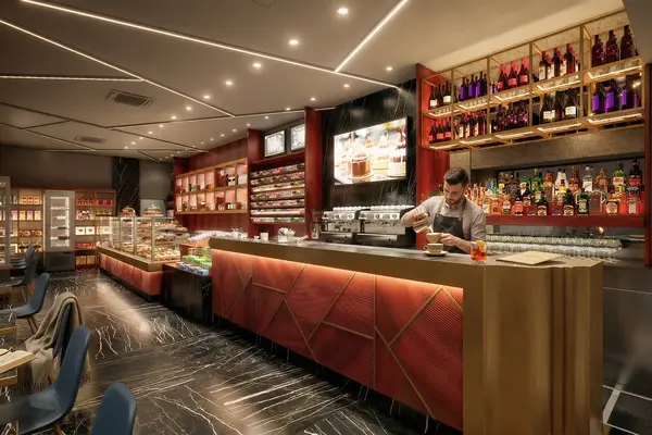 Rendering fotorealistico per l'interior design di un bar caffetteria