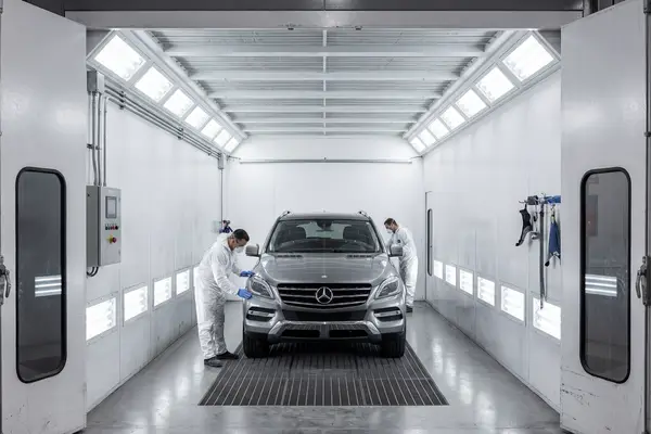 Rendering 3D di una cabina di verniciatura per il settore automotive