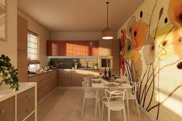 Rendering 3D fotorealistico di una cucina dal design italiano moderno