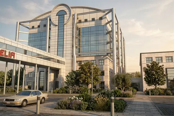 Rendering architettonico 3D di un edificio moderno in vetro e acciaio