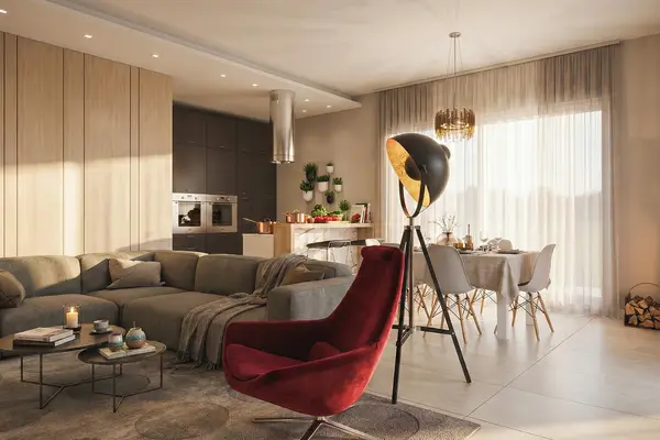 Rendering 3D di arredamento per l'interior design di una zona living
