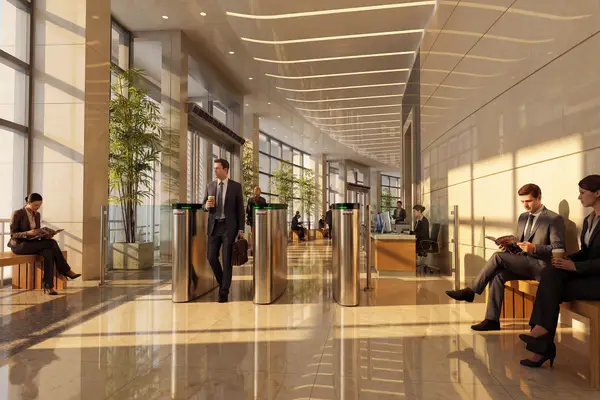 Rendering fotorealistico 3D per l'arredamento di interni di una lobby per uffici