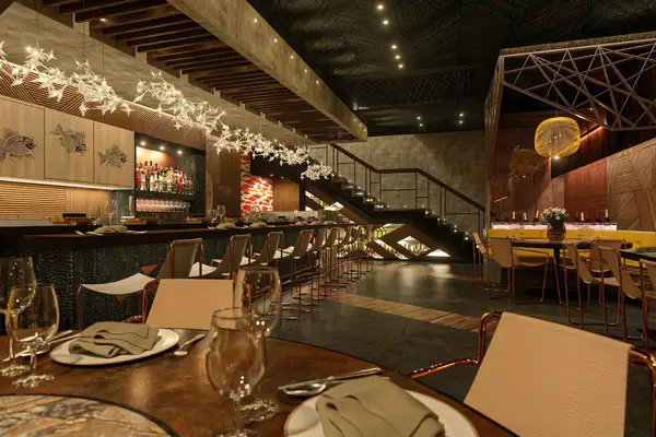 Rendering 3D per il design di interni di un ristorante