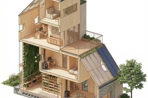 Rendering architettonico 3D di una sezione per una casa in legno