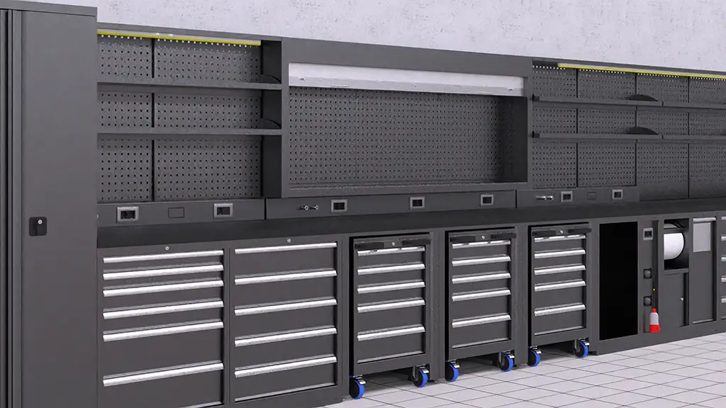 Rendering 3D di scaffalature metalliche per arredamento magazzini e uffici