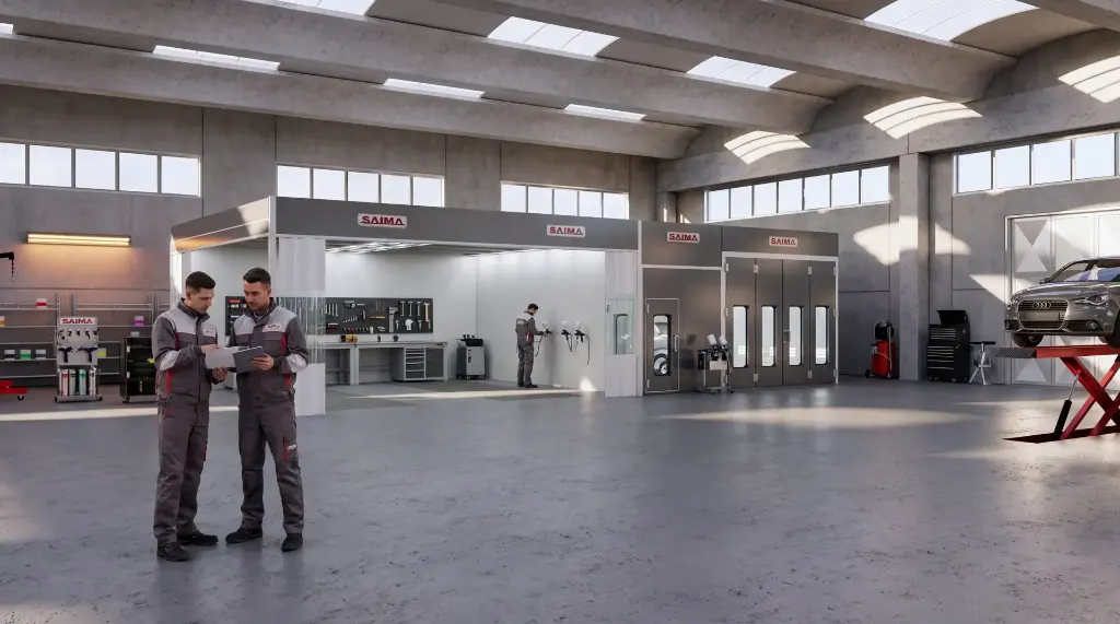Rendering 3D tecnico di cabine di verniciatura modulari